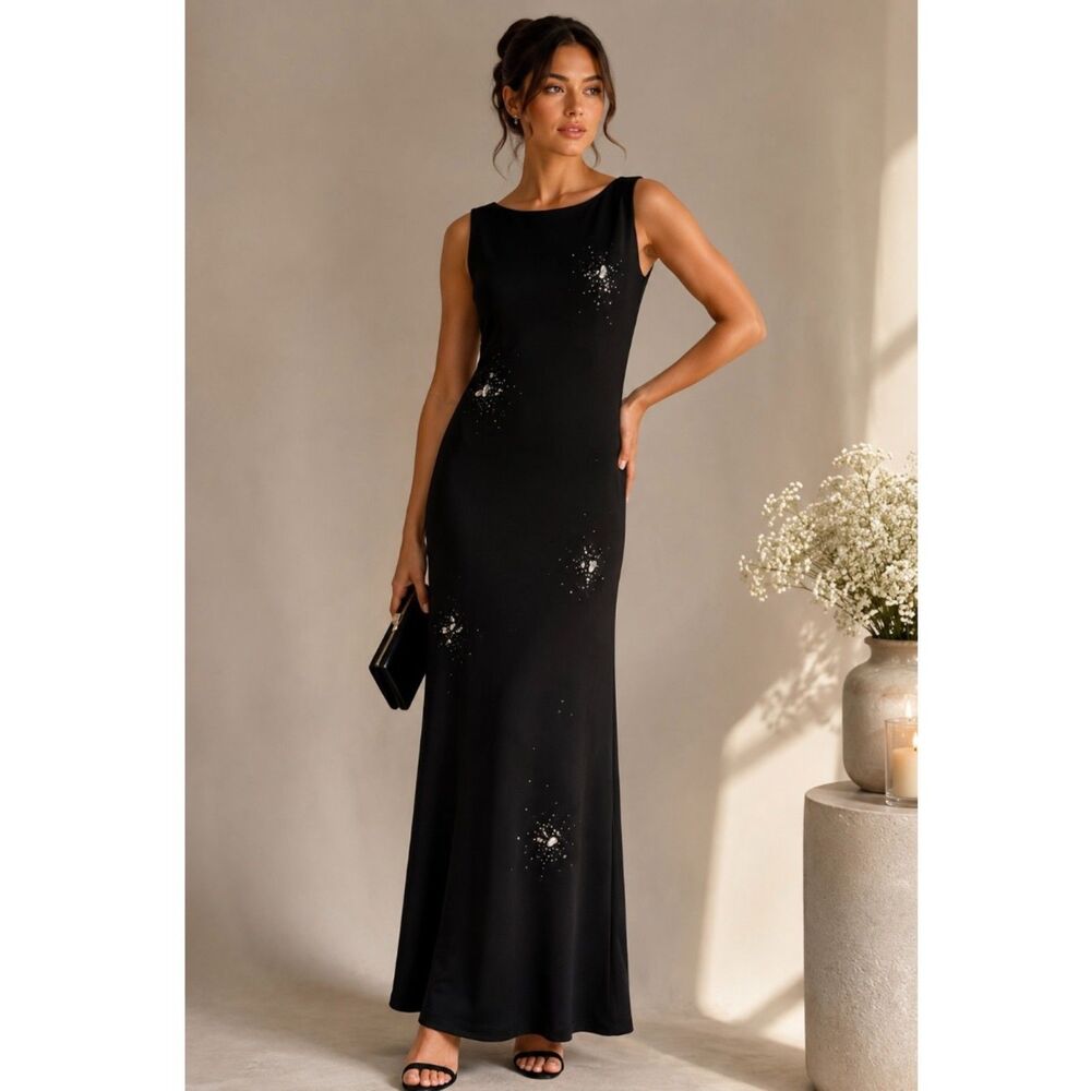 Vintage Chelsea Nites Black Beaded Maxi Gown 8P Whimsigoth Celestial Formal